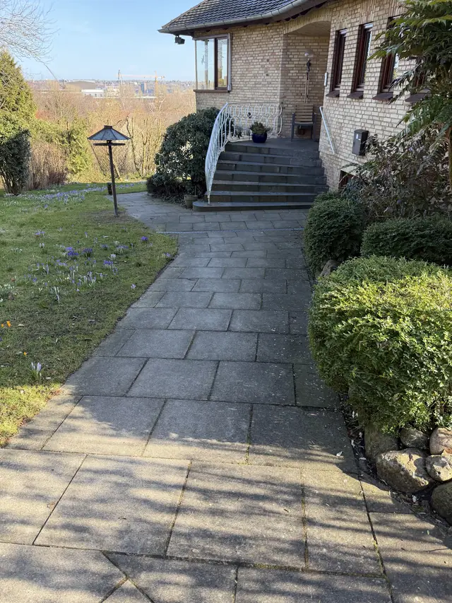 Vorher: verschmutzte Gartenwege aus Betonplatten mit Moos und Flecken